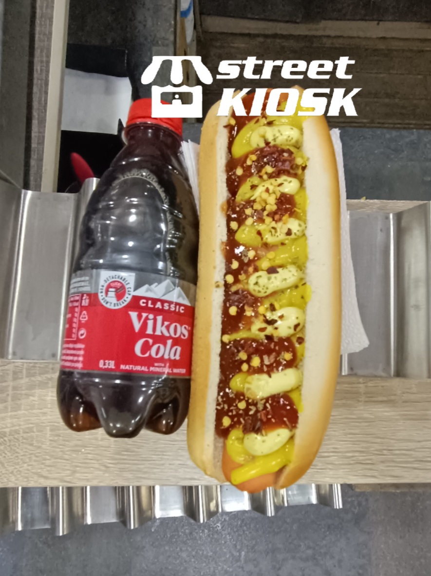 Street Kiosk hot dog with a Bikos Cola bottle